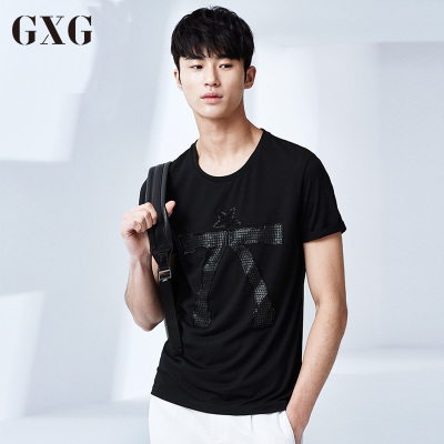 GXG短袖T恤男装 夏季休闲短t 时尚圆领修身 黑色T恤男短袖