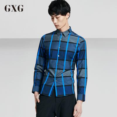 GXG长袖衬衫男装 春季热卖修身蓝灰条斯文长袖衬衫男