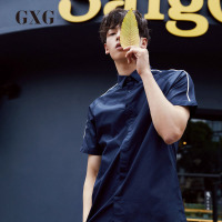 GXG男装夏季男士时尚修身藏青色衬衣休闲短袖衬衫男_2