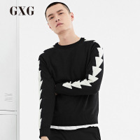 GXG男装 春季男士修身时尚黑底白条休闲圆领毛衫韩版