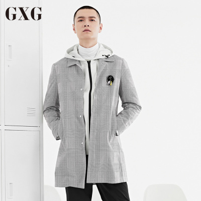 GXG男装春季男士时尚都市黑白格外套中长款韩版修身毛呢