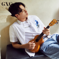 GXG男装夏季男士白色图案印花衬衫休闲短袖衬衫男_1