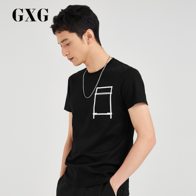 GXG男装 春夏男士青年黑色时尚潮流圆领修身短袖T恤打底衫
