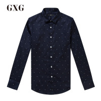 GXG长袖衬衫男装 春季男士修身时尚青年商务藏青底白点长袖衬衣男