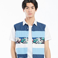 gxgjeans男装 夏季男士衬衣男拼色修身休闲短袖衬衫