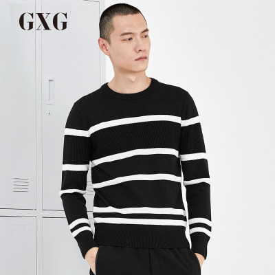 GXG男装秋季男士修身时尚都市青年休闲流行黑色针织衫毛衫男
