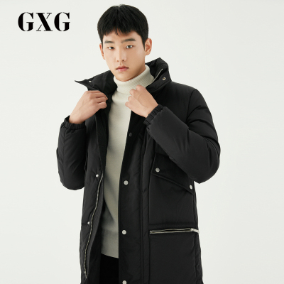 GXG男装 冬季男士时尚都市青年潮流黑色连帽加厚中长款羽绒服男