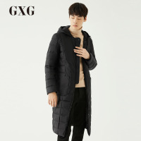 GXG羽绒服男装 冬季男士时尚韩版潮流修身连帽黑色长款羽绒服男
