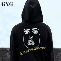 GXG男装 秋季男士都市韩版韩版抽象人物印花黑色连帽卫衣男