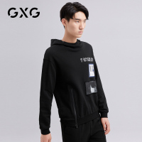GXG男装 秋季男士时尚青年休闲都市潮流图案印花黑色连帽卫衣男
