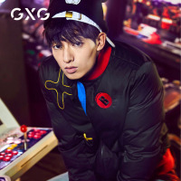 GXG男装 冬季男士韩版流行字母图案刺绣黑红撞色羽绒服夹克外套