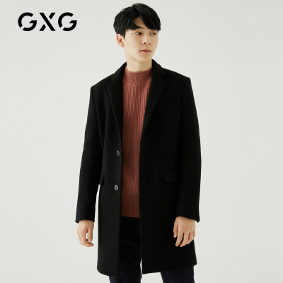GXG男装 冬季男士时尚流行黑色羊毛呢子外套保暖长款大衣潮流男