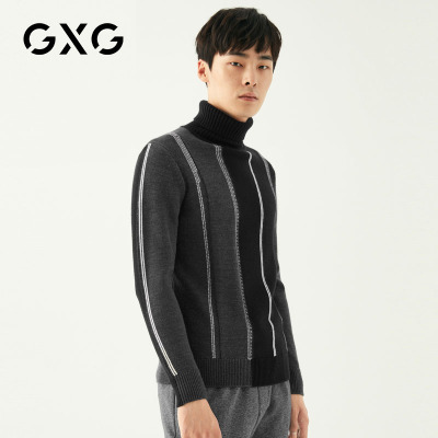 GXG男装 冬季男士韩版保暖藏青色高领竖条纹羊毛针织毛衫毛衣