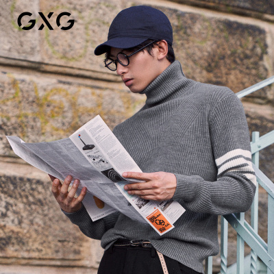 GXG男装 冬季经典韩版条纹撞色高领套头保暖针织毛衫灰色复古毛衣