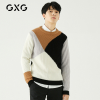 GXG男装 冬季经典韩版修身彩色拼接圆领套头保暖针织毛衫毛衣