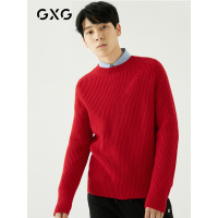 GXG男装 秋装男士韩版破洞插肩袖红色圆领套头针织毛衫毛衣潮