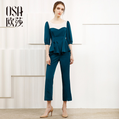 OSA欧莎女装修身上衣+裤子 拼接设计 真两件套套装