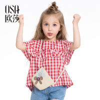 OSA欧莎2018夏装女童衬衫经典格纹甜美荷叶边女孩短袖衬衫衬衣