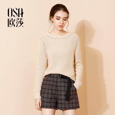 OSA欧莎2018秋装新款韩版针织镂空上衣宽松长袖套头毛衣针织衫女