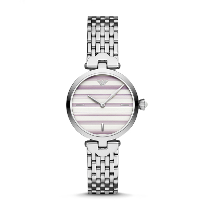阿玛尼(EMPORIO ARMANI)新款银色钢链手表女 撞色条纹小表盘女士手表