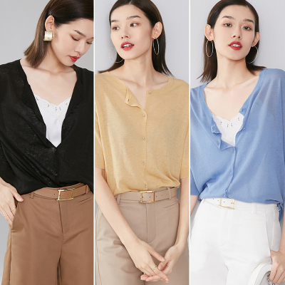 晚白2021秋季新品休闲纯色通勤宽松短袖薄针织开衫冰丝T恤衫女