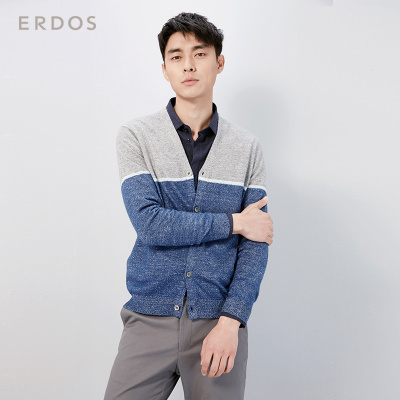 ERDOS 早春简约休闲撞色V领花纱绒麻混纺男针织开衫 E175A1106