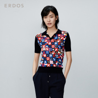 ERDOS 春夏抽象几何系列针梭拼接真丝印花翻领短袖女T恤E275G0010
