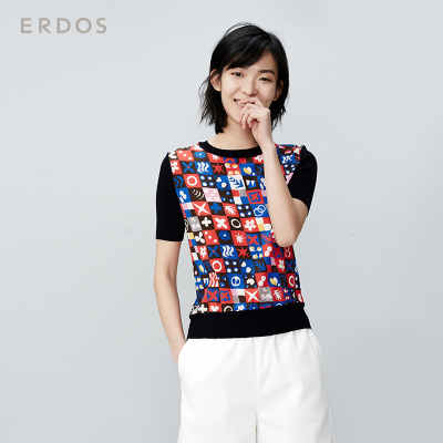 ERDOS 春夏抽象几何系列针梭拼接真丝印花短袖女T恤 E275G0017
