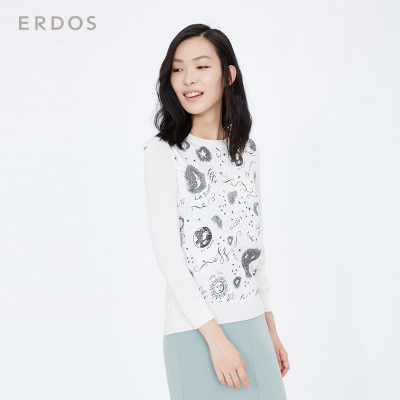 鄂尔多斯ERDOS 秋冬圆领女式羊毛套衫针织衫E266G0015