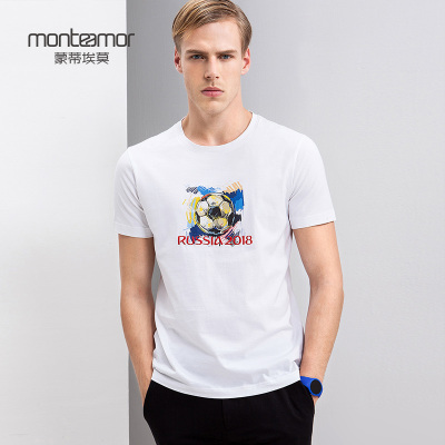 Monteamor/蒙蒂埃莫世界杯足球主题印绣花纯棉圆领短袖男士T恤