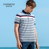 Monteamor/蒙蒂埃莫时尚休闲易打理棉弹撞色条纹男士翻领短袖T恤