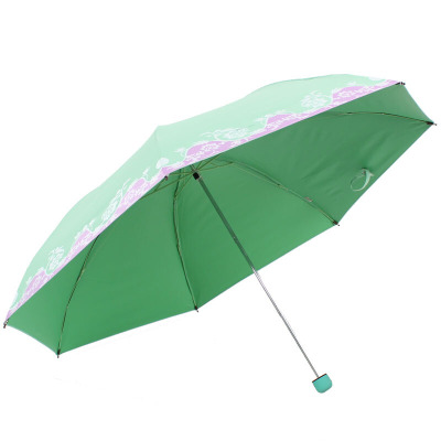 天堂伞 UPF50+亚光绒色胶丝印双色花三折铅笔晴雨伞太阳伞 30069绿色