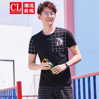 潮流前线2019夏装韩版圆领修身百搭男款短袖T恤花卉印花格子T恤衫青少年黑色