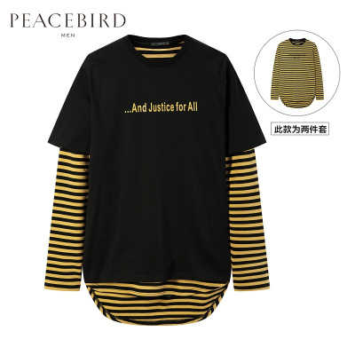 太平鸟男装春季新款个性两件装时尚黑色条纹T恤套装潮_3