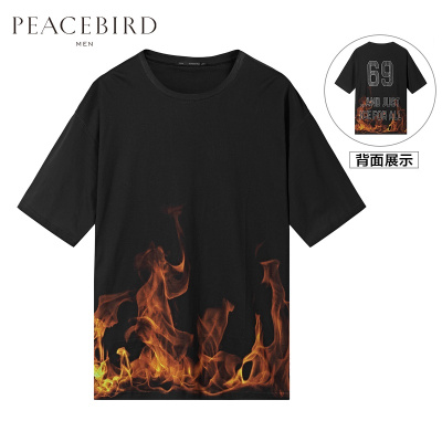 太平鸟男装春季新款个性3D火焰效果大码运动短袖T恤潮