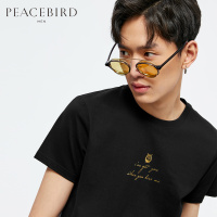 太平鸟男装 男士短袖T恤潮夏季黑色体恤金色印花韩版半袖潮牌