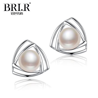 brir时尚个性几何三角耳饰s925银镶淡水珍珠耳钉