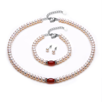 佰色传情(BRIR) 淡水珍珠项链手链耳环三件套配红玛瑙送妈妈