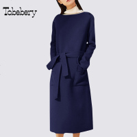 tobebery2018秋冬新款欧美长袖连衣裙女中长款气质显瘦毛呢一步裙