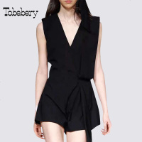 tobebery2018夏季新款雪纺连体裤收腰黑色短裤显瘦连体衣女装