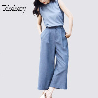 tobebery2018夏季新款欧洲站纯棉两件套气质时尚通勤阔腿裤套装女
