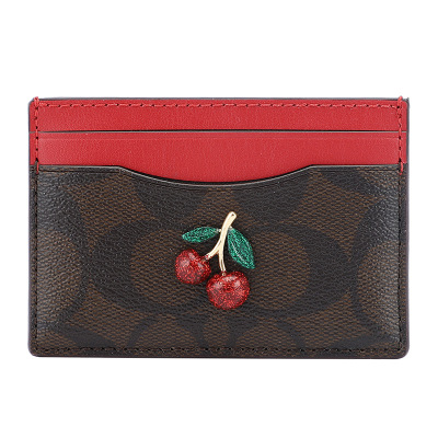 COACH 蔻驰 奢侈品 女士深棕色樱桃款人造革卡包卡夹