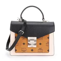 MCM 奢侈品 Patricia Visetos系列 女士黑棕拼色时尚手提单肩斜挎包