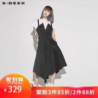 sdeer圣迪奥女装优雅黑白高腰背带不规则摆两件套连衣裙