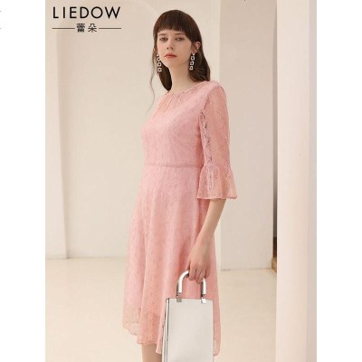 LIEDOW蕾朵藕粉色新款蕾丝连衣裙夏季气质超仙法式复古裙山本过膝