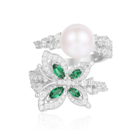 【apm MONACO】天然珍珠蝴蝶925银戒指女士时尚高贵镶晶钻指环欧美风格首饰A18655M