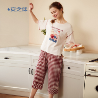 安之伴棉质夏季睡衣女简约休闲短袖卡通韩版宽松格子可外穿家居服