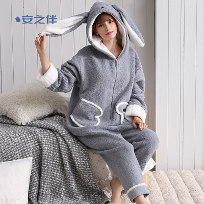 安之伴羊羔绒睡衣女冬季连体衣加厚保暖甜美可爱兔子带帽家居服