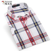 啄木鸟男士短袖衬衫韩版修身夏季新款时尚休闲纯棉格子衬衣