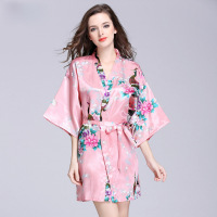 耀婷仿真丝睡袍 女士夏季中袖孔雀睡衣浴袍大码家居服